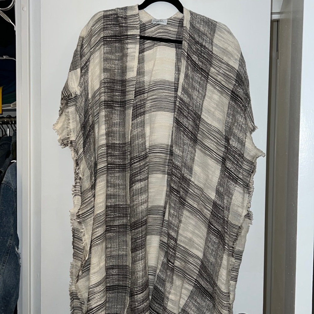 Juniper Blu s Plaid cream cardigan with fringe